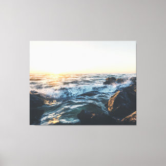 Impressão Em Tela Golden Sunset Ocean Waves on Rocks Serene Seascape