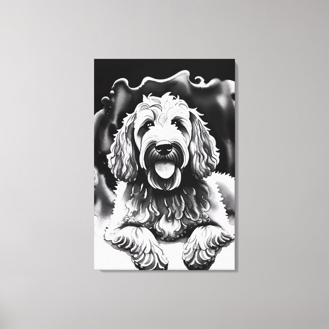 Impressão Em Tela Goldendoodle Art Black White Sketch "Happy Dog" (Frente)