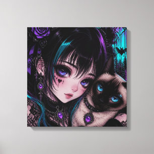 Impressão Em Tela Gótico Emo Garota Anime & Gato