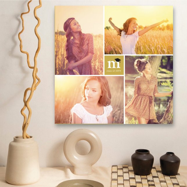 Impressão Em Tela Graduação em Monograma Quadrado Moderno 4 Colagem  (Modern Square Monogram Graduation 4 Photo Collage Canvas Print Wall Art @ zazzle.com/color_therapy)