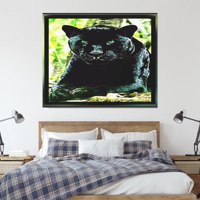 Impressão Em Tela Grandes Modelos de Gatos: Pantera Negra Verde (Insitu(Quarto))