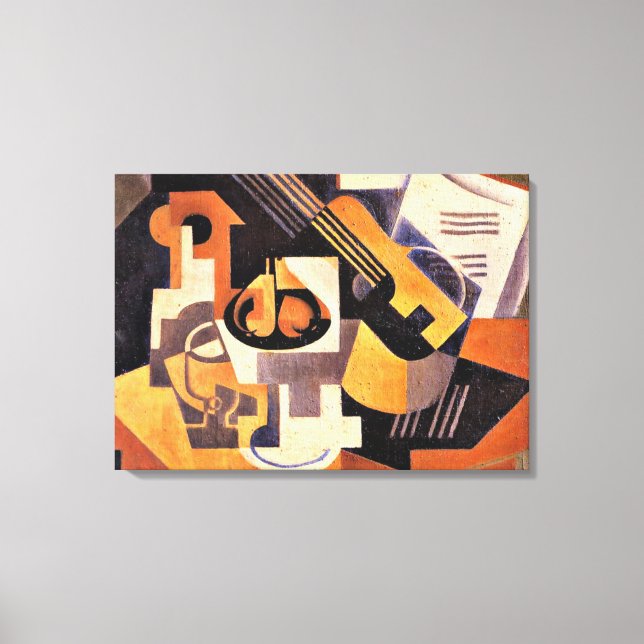 Impressão Em Tela Gris - Tiro de guitarra e Fruta numa Mesa (Frente)