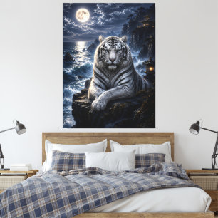 Impressão Em Tela Guardião do Mar ao Luar   Arte Fantástica do Tigre