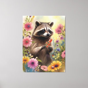 Impressão Em Tela guaxinim e flores silvestres
