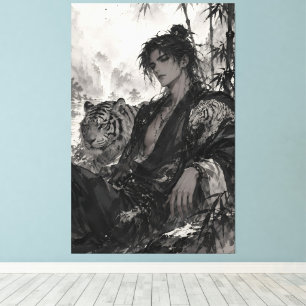 Impressão Em Tela Guerreiro Wuxia do Tigre Branco Descansando na Flo