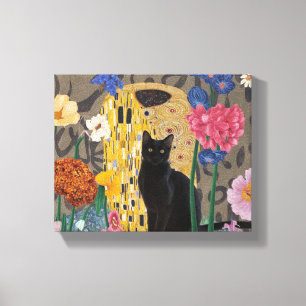 Impressão Em Tela Gustav Klimt Floral Gato Preto, Vintage Eclectico