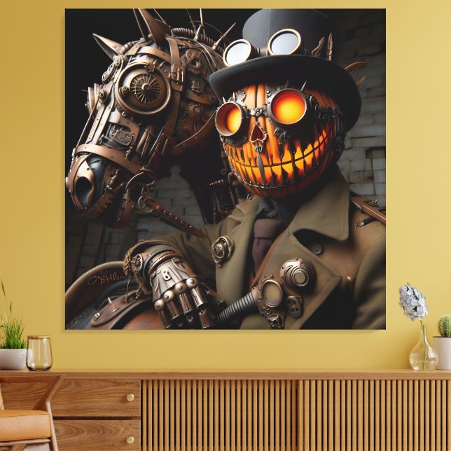 Impressão Em Tela Halloween Steampunk Jack-O-Lantern Horseman (Insitu(Sala de estar))