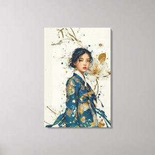 Impressão Em Tela Hanbok Azul Moderno e Arte em Tela Floral com Folh