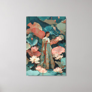 Impressão Em Tela Hanbok Azul Teal Místico e Arte de Tela de Lótus G