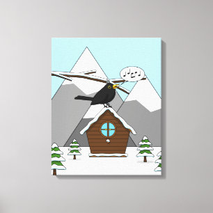 Impressão Em Tela Happy Blackbird Cantando na paisagem de inverno