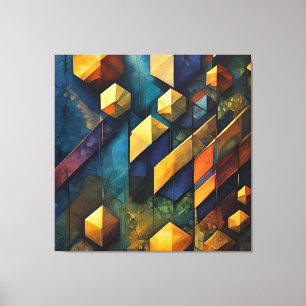 Impressão Em Tela Harmonia Geométrica: Cubos Abstratos em Dourado e