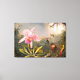 Impressão Em Tela Heade - Orquídea de Cattleya e Três Aves Hummingbi