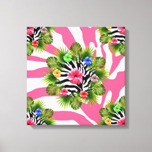 Impressão Em Tela Hibisco tropical e listras exóticas de zebra rosa