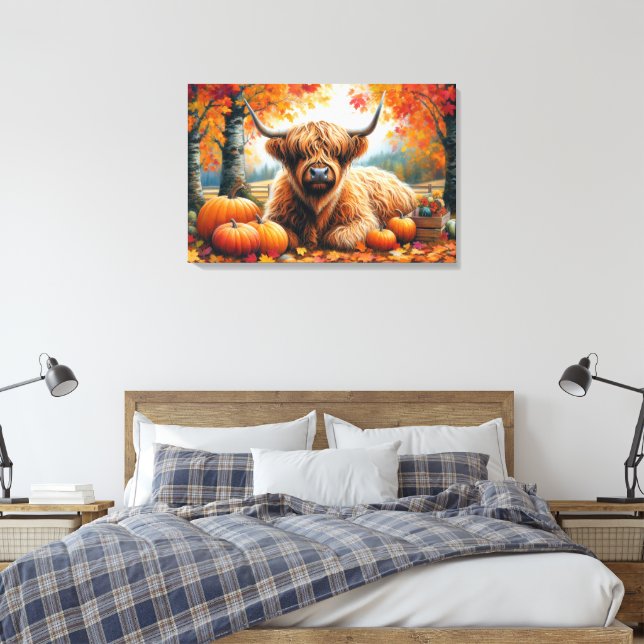 Impressão Em Tela Highland Cow Fall Pumpkins Watercolor (Insitu(Quarto))