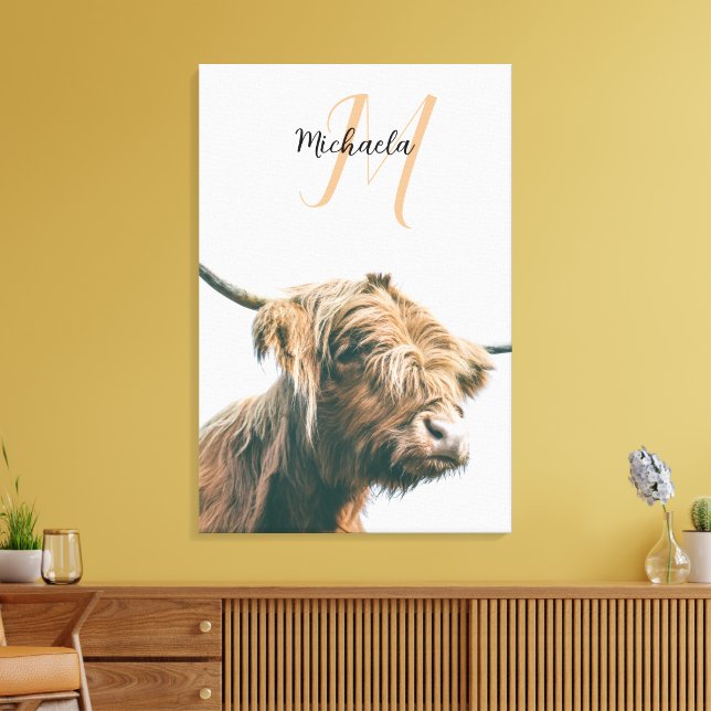Impressão Em Tela Highland cow portrait custom name initial monogram (Insitu(Sala de estar))