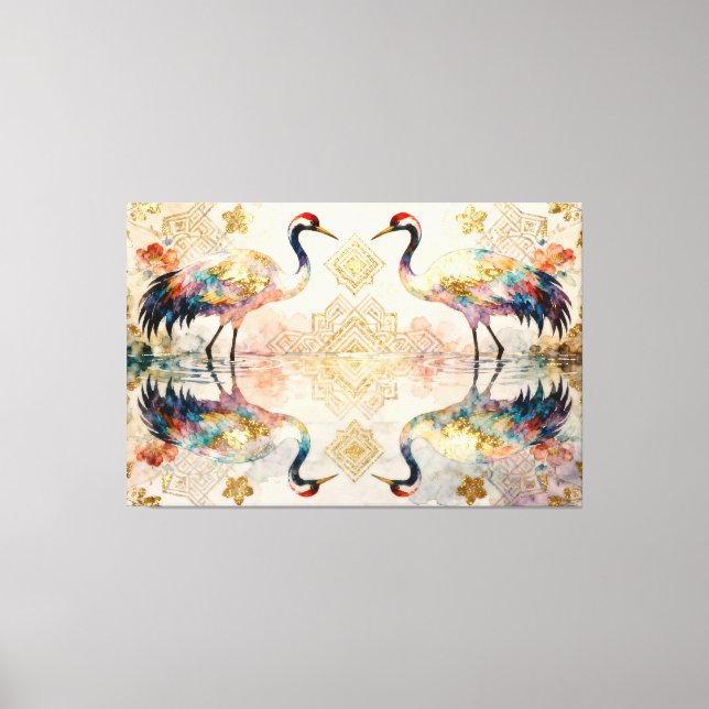 Impressão Em Tela Himmlische Kraniche in Harmonie - Wasserfarben  (Frente)