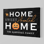 Impressão Em Tela Home Sweet Halloween Personalizado<br><div class="desc">Bem-vindos aos seus hóspedes com esta divertida e divertida arte personalizada na parede da canvas de Halloween. A design de tipografia de na moda apresenta o texto "Home Sweet Haunted Home" com texto personalizado para o nome da sua família e sotaques de uma assustadora abóbora de jack-o-lanterna, aranha perigosa e...</div>