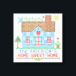 Impressão Em Tela Home Sweet Home Cross Stitket House Personalizado<br><div class="desc">Esta design personalizada da casa de campo é feita para se assemelhar a um amostrador vintage de bordados cruzados. Mostra uma casa azul feita de "x" com um pássaro, o sol e muitos corações e flores no mesmo estilo. O fundo é bege com um leve padrão de verificação para se...</div>
