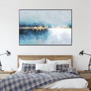 Impressão Em Tela Horizonte Dourado Abstrato em Arte Azul e Branco