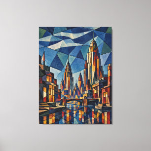 Impressão Em Tela Horizonte Dourado Arte Deco Arquitetônico Cubista