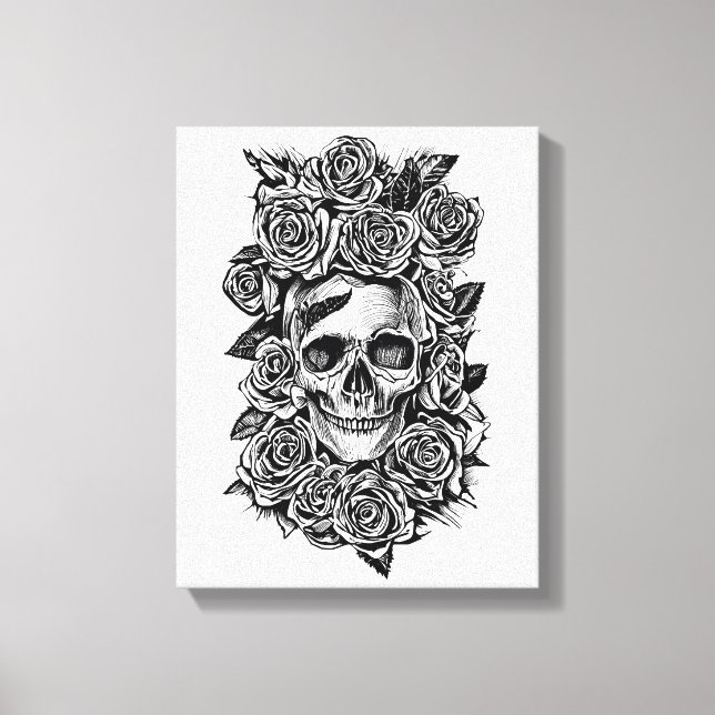 Impressão Em Tela Human Skull Roses Goth Biker Art Illustration (Frente)