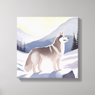 Impressão Em Tela Husky do Alasca   Aquarela Montanha Canina