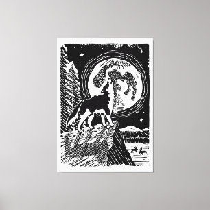 Impressão Em Tela Husky Uivando Preto e Branco à Noite Linogravura
