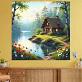 Impressão Em Tela Idyllisches Haus am See im Wald 