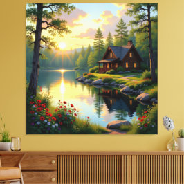Impressão Em Tela Idyllisches Haus am See im Wald 
