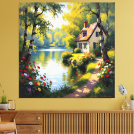 Impressão Em Tela Idyllisches Haus am See im Wald 