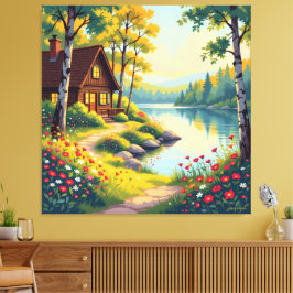 Impressão Em Tela Idyllisches Haus am See im Wald 