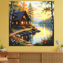 Impressão Em Tela Idyllisches Haus am See im Wald 