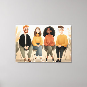 Impressão Em Tela Ilustração Aconchegante de Amigos Diversos Sentado