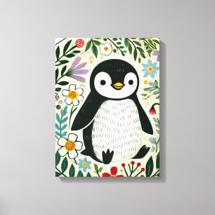 Impressão Em Tela Ilustração de Amantes de Pinguins com Flores Silve