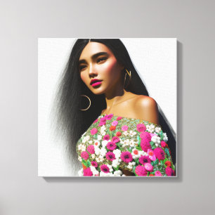Impressão Em Tela Ilustração de Garota Floral Arte 3D
