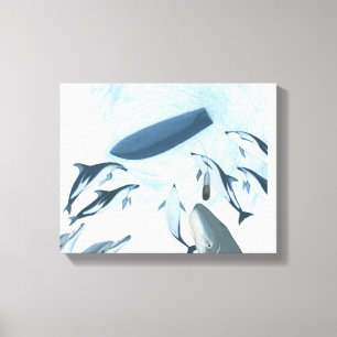 Impressão Em Tela Ilustração de golfinhos olhando para um barco