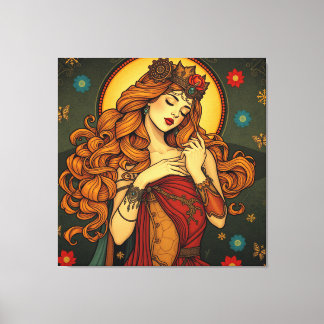 Impressão Em Tela Ilustração de Mulher Floral Art Nouveau