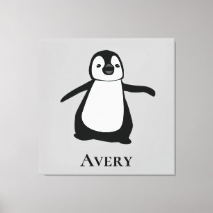 Impressão Em Tela Ilustração de Pinguim Fofo Preto e Branco