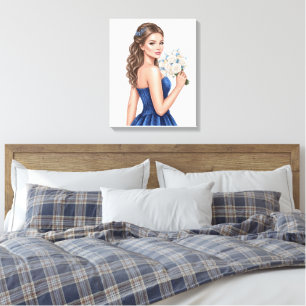 Impressão Em Tela Ilustração de retrato de dama de honra azul elegan