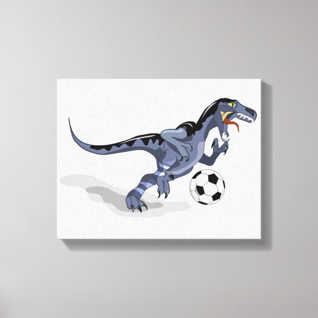 Impressão Em Tela Ilustração De Um Dinossauro Raptor Jogando Futebol (Frente)