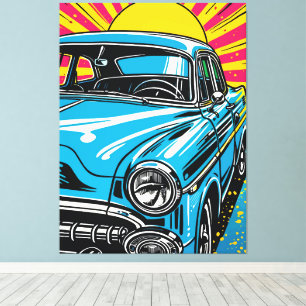 Impressão Em Tela Ilustração Pop Art de Carro Clássico Azul Retro na