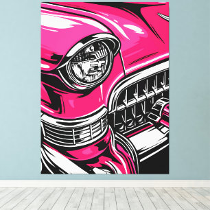 Impressão Em Tela Ilustração Pop Art de Carro Clássico Rosa Retro na