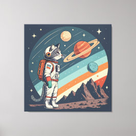Impressão Em Tela Ilustração Retro de Gato Astronauta Espaço Cósmico