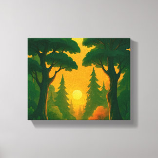 Impressão Em Tela Ilustração Vibrante da Floresta ao Pôr do Sol