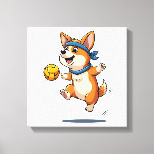 Impressão Em Tela Ilustração Vintage de Corgi Jogando Volei Cachorro