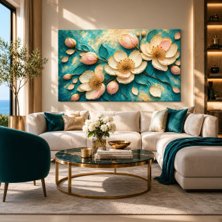 Impressão Em Tela Impasto Floral Teal de Luxo com Acentos Dourados
