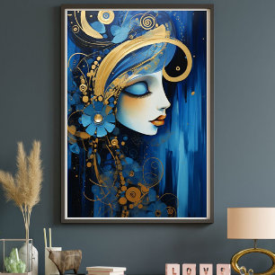 Impressão Em Tela Imperatriz Azula – Mulher Art Déco Azul e Dourada