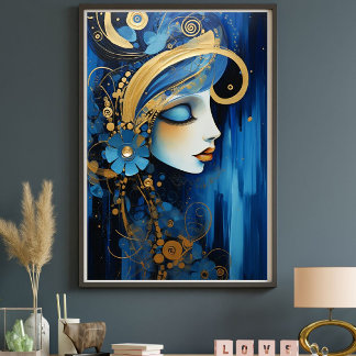 Impressão Em Tela Imperatriz Azula – Mulher Art Déco Azul e Dourada