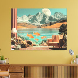 Impressão Em Tela Interior Surrealista com Peixes e Paisagem ao Luar