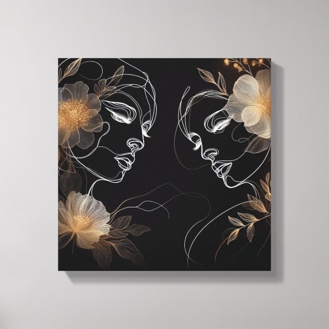 Impressão Em Tela Intertwined Feminine Faces with Golden Florals (Frente)